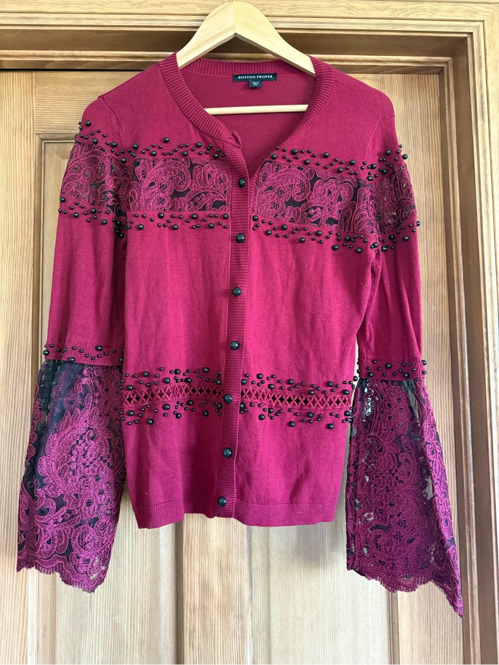 Boston Proper Wine-Red Lace Bell Sleeve Cardigan with Black Bead Trim